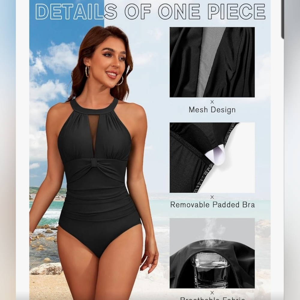Chic Black Keyhole One-Piece Tummy Control Swimsuit Size Med - Picture 3 of 4